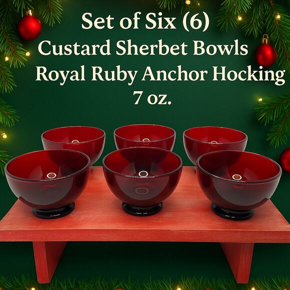 Anchor Hocking Royal Ruby Custard Sherbet Bowls Set of 6 – 7 oz Footed - Picture 1 of 10